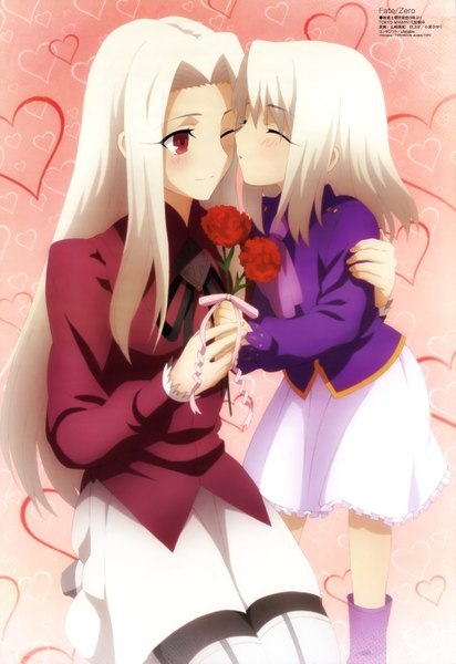 Anime picture 4081x5933 with fate (series) fate/zero studio deen megami magazine illyasviel von einzbern irisviel von einzbern yamazaki miki long hair tall image blush highres red eyes multiple girls absurdres white hair eyes closed one eye closed wink scan official art