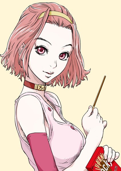 Anime picture 744x1052 with jojo no kimyou na bouken sugimoto reimi sjw kazuya single tall image looking at viewer short hair simple background bare shoulders pink hair upper body pink eyes lips turning head yellow background girl detached sleeves choker food sweets