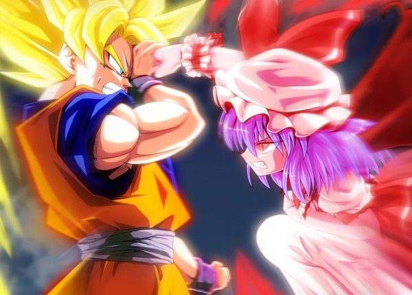 Anime picture 1500x1076 with dragon ball touhou remilia scarlet son goku kamishima kanon short hair blonde hair red eyes green eyes purple hair sleeveless muscle angry clenched teeth battle girl dress boy bow belt