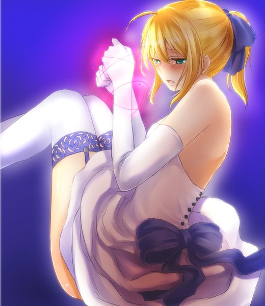 Anime picture 1300x1500 with fate (series) fate/stay night studio deen type-moon artoria pendragon (all) saber chiroron single tall image blush open mouth light erotic simple background blonde hair bare shoulders green eyes ponytail official alternate costume girl thighhighs