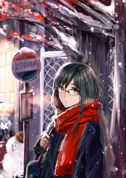 Anime picture 1000x1414 with original okia single long hair tall image looking at viewer black hair black eyes snowing winter snow exhalation girl plant (plants) tree (trees) glasses scarf school bag red scarf traffic sign