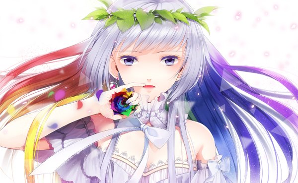 Anime picture 1400x863 with original hakusai (tiahszld) single long hair looking at viewer fringe open mouth wide image purple eyes bare shoulders purple hair multicolored hair girl dress flower (flowers) ribbon (ribbons) plant (plants) earrings petals rose (roses)