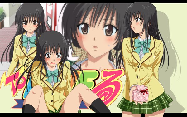 Anime picture 1920x1200 with toloveru xebec kotegawa yui blush highres black hair wide image yellow eyes pleated skirt spread legs wallpaper collage skirt uniform school uniform socks black socks gift