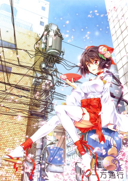 Anime picture 3270x4605 with original kaishaku single long hair tall image highres black hair red eyes absurdres traditional clothes hair flower cherry blossoms miko girl thighhighs hair ornament bow hair bow petals white thighhighs