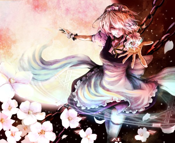 Anime picture 1300x1063 with touhou izayoi sakuya pesoko (artist) fringe short hair red eyes white hair hair over one eye maid outstretched arm magic girl flower (flowers) petals headdress maid headdress chain apron