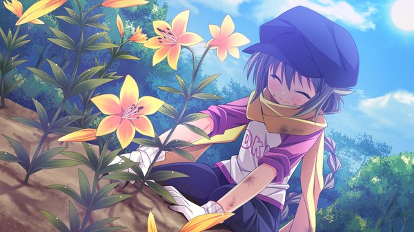 Anime picture 2048x1152 with namima no kuni no faust single long hair highres wide image game cg braid (braids) eyes closed grey hair girl flower (flowers) scarf flat cap