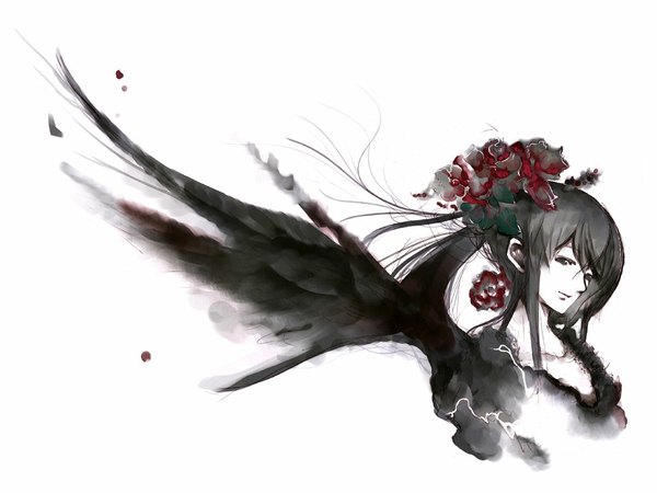 Anime picture 1024x768 with kei (keigarou) black hair simple background white background ponytail black eyes pale skin gothic single wing flower (flowers) wings frills rose (roses)