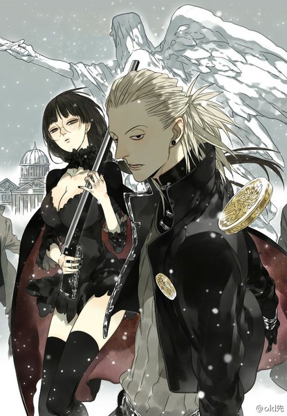 Anime picture 619x894 with oldxian long hair tall image looking at viewer breasts black hair blonde hair large breasts holding brown eyes sky cleavage outdoors braid (braids) head tilt black eyes open jacket turning head snowing winter