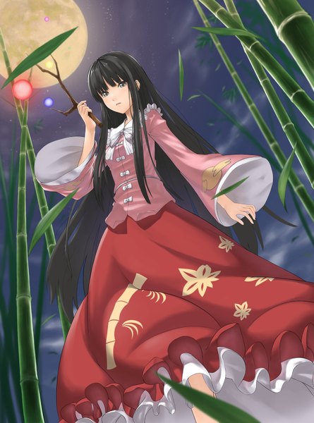 Anime picture 1270x1712 with touhou houraisan kaguya touko (artist) single long hair tall image black hair black eyes girl plant (plants) leaf (leaves) moon star (stars) bamboo