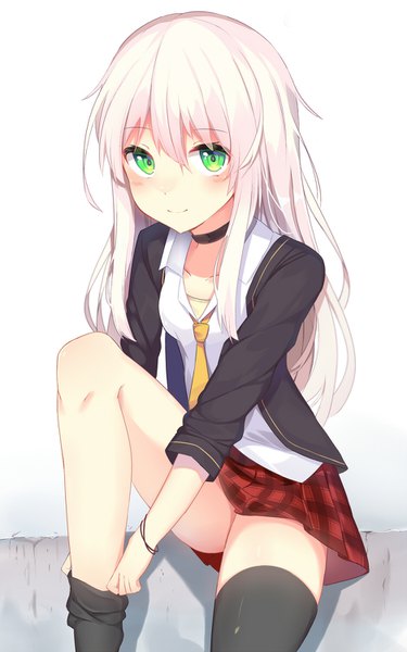 Anime picture 937x1500 with original mizuki ryuu single long hair tall image looking at viewer fringe light erotic smile hair between eyes white background green eyes white hair girl thighhighs skirt black thighhighs choker necktie knee socks