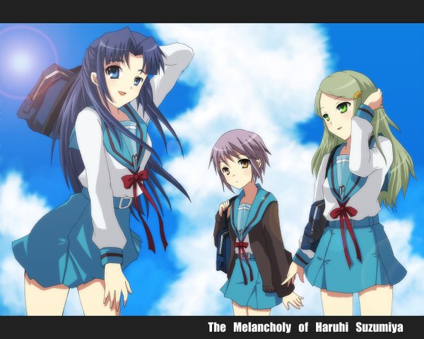 Anime picture 1280x1024 with suzumiya haruhi no yuutsu kyoto animation nagato yuki asakura ryouko kimidori emiri girl serafuku cardigan