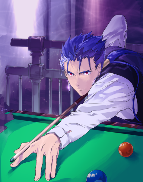 Anime picture 712x900 with fate (series) fate/stay night cu chulainn (fate) cu chulainn (fate/stay night) izuhara single long hair tall image red eyes signed blue hair looking away sparkle low ponytail serious billiards boy earrings shirt white shirt