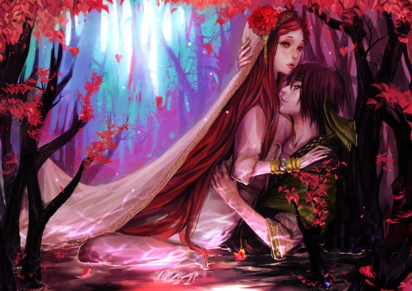 Anime picture 3507x2480 with genki-de long hair highres short hair brown eyes green eyes absurdres purple hair red hair nail polish lips tattoo couple freckles girl boy flower (flowers) plant (plants) tree (trees) water