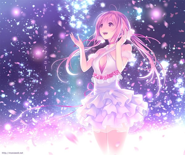 Anime picture 1000x840 with ilog sakuragi kokoro mana kakkowarai single long hair blush open mouth twintails bare shoulders pink hair pink eyes girl dress ribbon (ribbons) petals