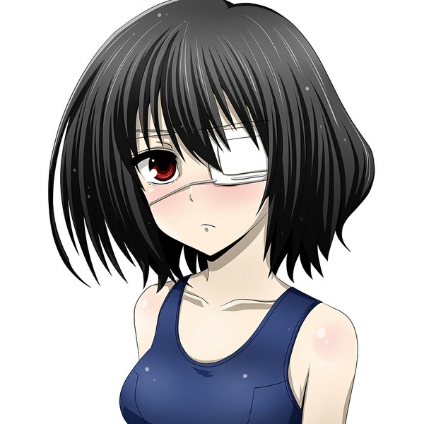 Anime picture 1000x1000 with another p.a. works misaki mei watarui single looking at viewer blush short hair black hair simple background red eyes white background girl swimsuit one-piece swimsuit eyepatch school swimsuit
