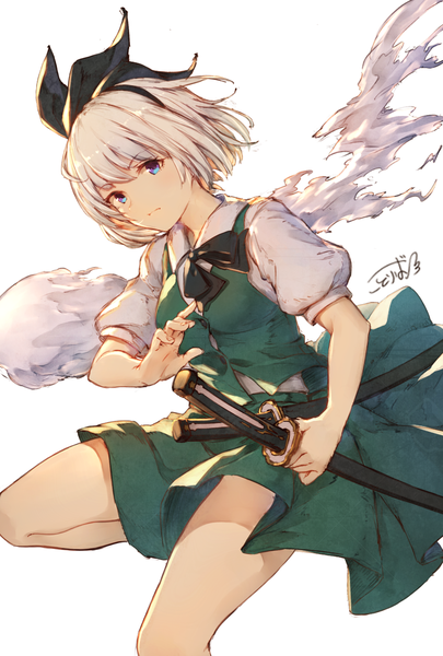Anime picture 1049x1551 with touhou konpaku youmu myon kotoribako single tall image looking at viewer fringe short hair blue eyes simple background white background signed silver hair puffy sleeves fighting stance sheathed ready to draw girl skirt