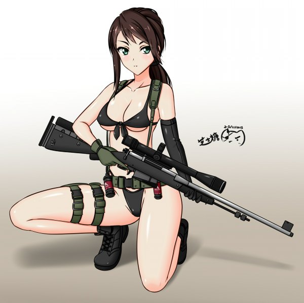 Anime picture 1200x1197 with metal gear metal gear solid metal gear solid v: the phantom pain konami quiet (metal gear) nagi-the-cheese (ppshex) single long hair looking at viewer blush fringe light erotic black hair simple background aqua eyes eyebrows girl gloves underwear panties