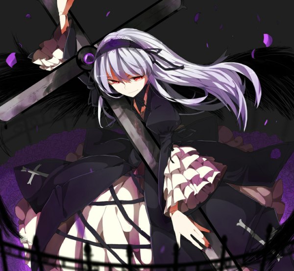 Anime picture 1092x1008 with rozen maiden suigintou samuta single long hair looking at viewer blush smile red eyes silver hair long sleeves puffy sleeves black wings lolita fashion gothic girl dress flower (flowers) petals wings