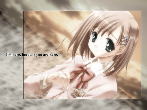 Anime picture 1024x768 with canvas (anime) looking at viewer short hair blonde hair blurry inscription girl bow ribbon (ribbons) hair ribbon