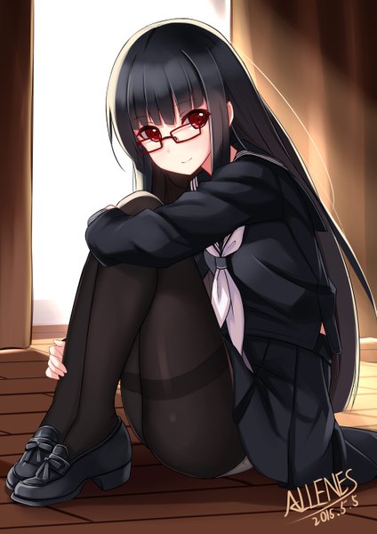 Anime picture 4133x5846 with original allenes single long hair tall image looking at viewer blush highres light erotic black hair red eyes sitting signed absurdres bent knee (knees) indoors pleated skirt pantyshot legs leg hug
