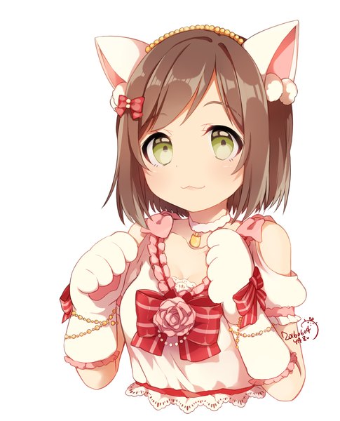 Anime picture 1212x1500 with idolmaster idolmaster cinderella girls maekawa miku leafwow single tall image looking at viewer fringe short hair simple background brown hair white background bare shoulders brown eyes signed animal ears payot cleavage upper body cat ears