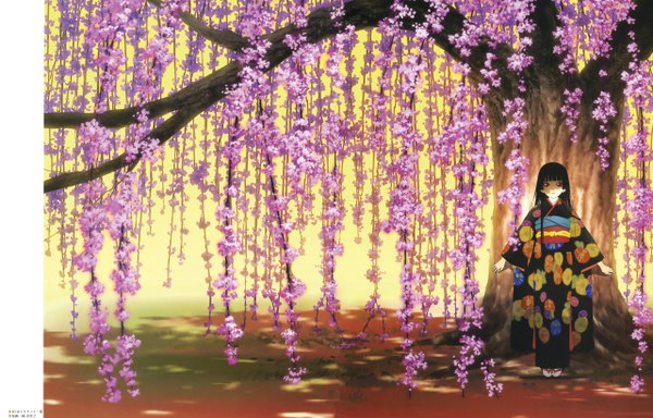 Anime picture 5115x3278 with hell girl studio deen enma ai single long hair looking at viewer highres black hair red eyes absurdres traditional clothes japanese clothes scan floral print girl plant (plants) tree (trees) kimono geta wisteria
