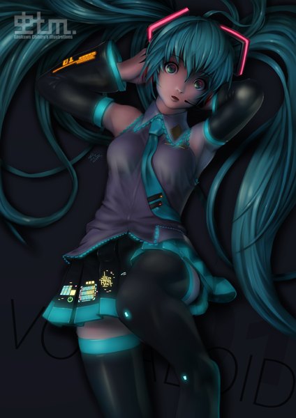 Anime picture 1000x1414 with vocaloid hatsune miku al_kali single tall image fringe breasts simple background twintails lying very long hair lips aqua hair on back glowing girl skirt detached sleeves shirt necktie