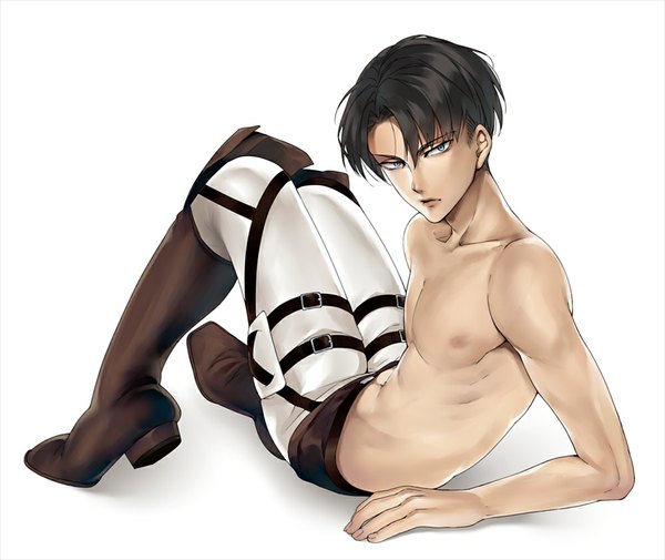 Anime picture 1000x842 with shingeki no kyojin production i.g levi (rivaille) shiromayu single short hair blue eyes light erotic black hair simple background white background topless muscle boy boots thigh boots