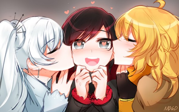 Anime picture 1522x954 with rwby rooster teeth ruby rose weiss schnee yang xiao long ndgd (bean1215) long hair looking at viewer blush short hair open mouth black hair simple background blonde hair twintails multiple girls signed payot upper body ahoge
