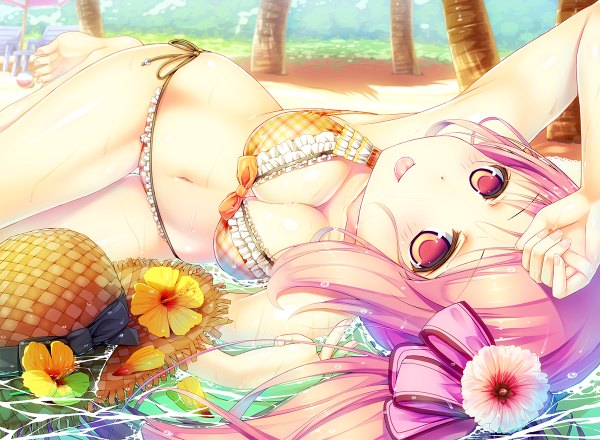 Anime picture 1200x880 with original peragura single long hair looking at viewer blush breasts light erotic purple eyes bare shoulders cleavage purple hair ponytail barefoot hair flower bare legs bare belly armpit (armpits) on back beach