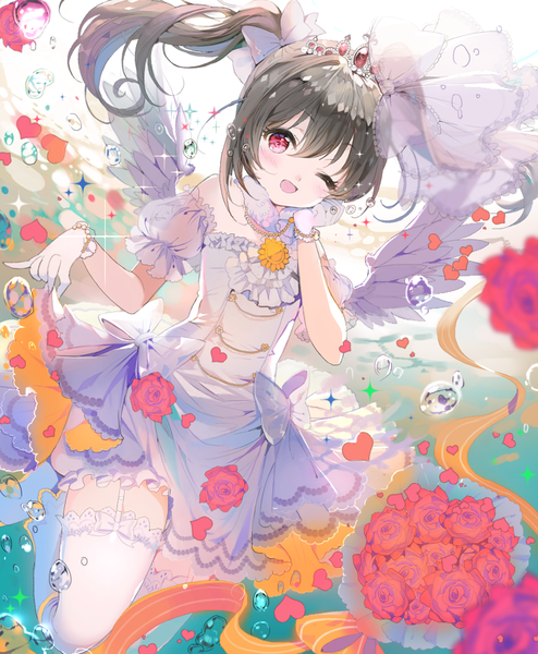 Anime picture 750x910 with love live! school idol project sunrise (studio) love live! yazawa nico repi987 single long hair tall image blush fringe open mouth black hair twintails bent knee (knees) eyes closed one eye closed wink sparkle underwater white wings
