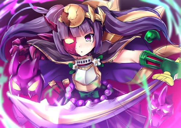 Anime picture 2339x1654 with puzzle & dragons yomi (p&d) samoore single long hair blush fringe highres purple eyes twintails purple hair traditional clothes japanese clothes horn (horns) girl weapon sword armor katana cape