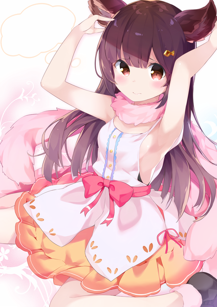 Anime picture 849x1200 with granblue fantasy aster (granblue fantasy) chikuwa. single long hair tall image looking at viewer blush red eyes animal ears purple hair armpit (armpits) erune girl dress bow scarf