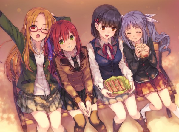 Anime picture 1164x861 with original natsu natsuna long hair blush short hair open mouth black hair red eyes twintails multiple girls green eyes blue hair red hair eyes closed pleated skirt one eye closed wink orange hair plaid skirt eating