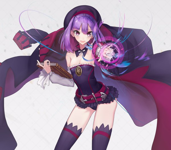 Anime picture 1200x1054 with fate (series) fate/grand order helena blavatsky (fate) mins (minevi) single looking at viewer fringe short hair open mouth light erotic simple background hair between eyes purple eyes cleavage purple hair :d grey background outstretched arm magic girl