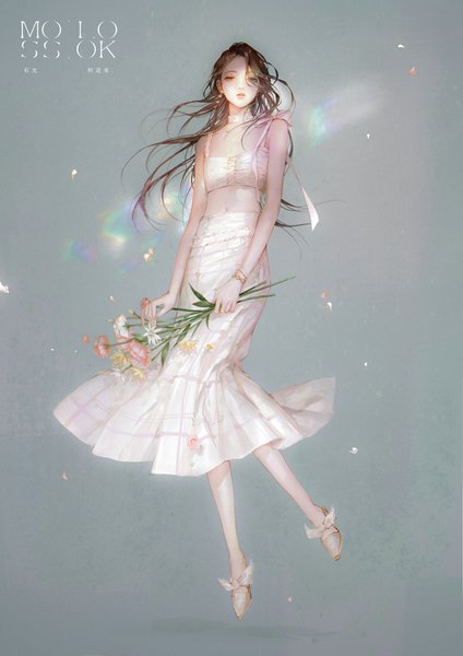 Anime picture 1240x1754 with original moss (2225028) single long hair tall image looking at viewer fringe simple background hair between eyes brown hair bare shoulders holding brown eyes signed full body grey background midriff text light expressionless