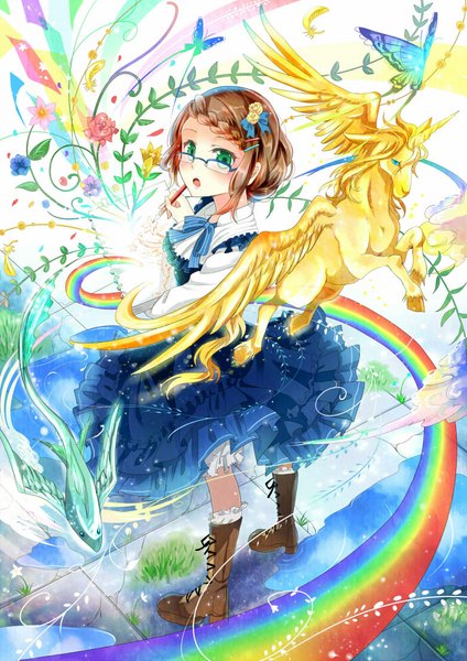 Anime picture 781x1104 with original nekozuki yuki single tall image blush short hair open mouth brown hair green eyes looking back girl dress flower (flowers) animal petals glasses boots insect butterfly fish (fishes)