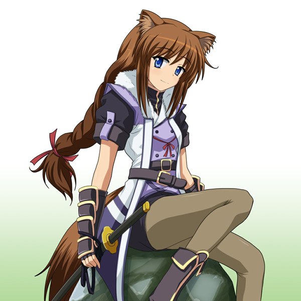 Anime picture 1024x1024 with dog days brioche d'arquien long hair blue eyes simple background brown hair white background animal ears animal tail single braid dog ears dog tail dog girl girl gloves weapon sword belt fingerless gloves katana