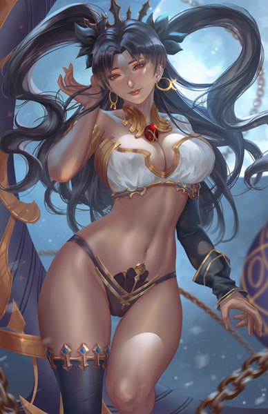 Anime picture 3300x5100 with fate (series) fate/grand order ishtar (fate) nopeys single long hair tall image looking at viewer blush fringe highres breasts light erotic black hair red eyes large breasts standing twintails absurdres head tilt