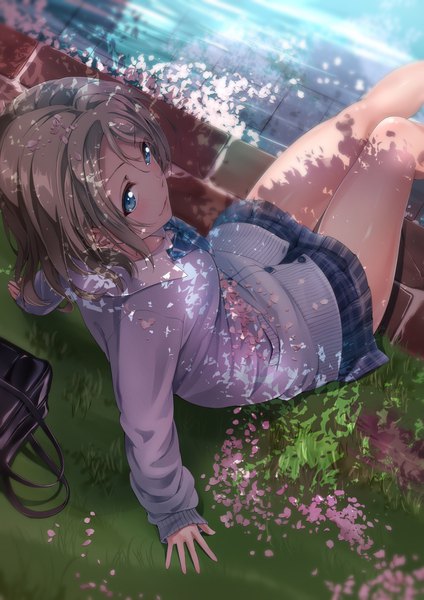 Anime picture 2894x4093 with love live! sunshine!! sunrise (studio) love live! watanabe you yuuki (nijiiro palette) single tall image blush highres short hair blue eyes smile brown hair sitting looking away bent knee (knees) outdoors from above sunlight arm support