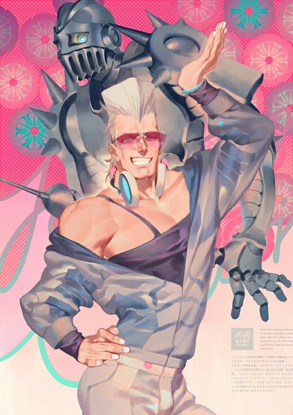 Anime picture 600x848 with jojo no kimyou na bouken jean pierre polnareff silver chariot coralstone tall image looking at viewer short hair blue eyes smile bare shoulders silver hair nail polish one eye closed wink multiple boys copyright name hand on hip grin text outstretched arm