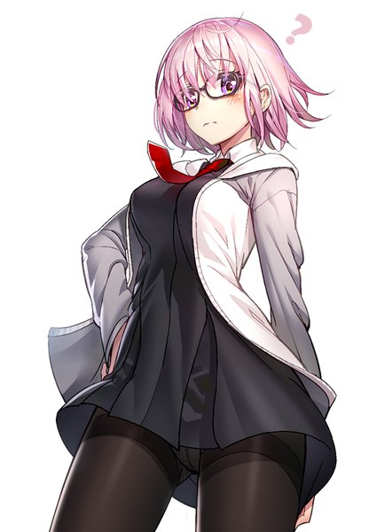 Anime picture 708x1000 with fate (series) fate/grand order mash kyrielight ririko (zhuoyandesailaer) single tall image looking at viewer blush fringe short hair breasts light erotic simple background white background pink hair pink eyes open jacket from below embarrassed hand on hip