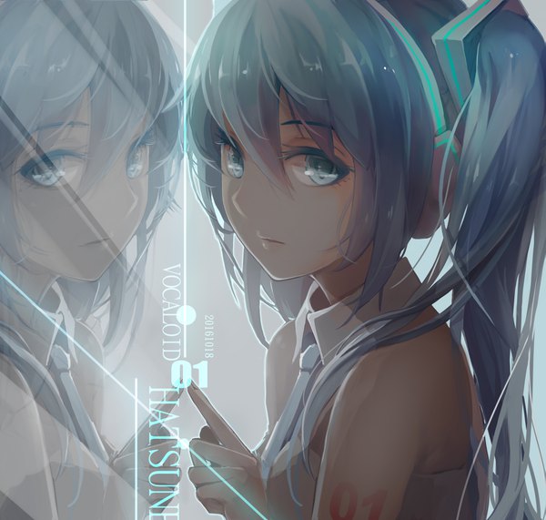 Anime picture 1653x1574 with vocaloid hatsune miku kuruma zen inu single long hair looking at viewer fringe hair between eyes twintails bare shoulders upper body aqua eyes lips blurry aqua hair tattoo copyright name character names lens flare side ponytail