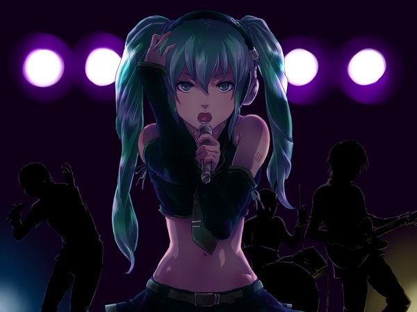 Anime picture 2048x1534 with vocaloid hatsune miku ryon (artist) single long hair highres open mouth twintails aqua eyes aqua hair midriff silhouette singing girl navel detached sleeves necktie headphones microphone musical instrument
