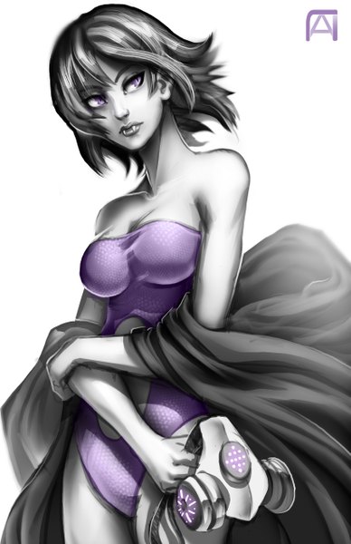 Anime picture 3300x5100 with original pechan (artist) single tall image highres short hair breasts light erotic simple background white background purple eyes bare shoulders looking away absurdres lips teeth fang (fangs) monochrome partially colored girl