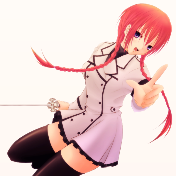 Anime picture 1200x1200 with harukaze tsukushi single long hair open mouth simple background white background purple eyes red hair braid (braids) girl thighhighs weapon black thighhighs sword jacket