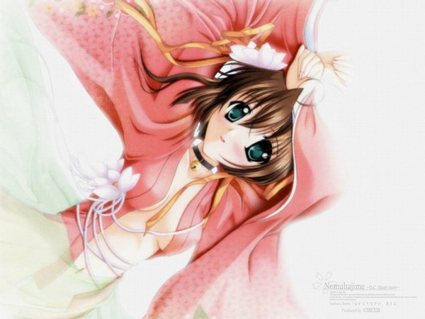 Anime picture 1024x768 with da capo asakura nemu single looking at viewer blush short hair breasts light erotic brown hair traditional clothes japanese clothes aqua eyes no bra girl ribbon (ribbons) hair ribbon choker kimono open kimono