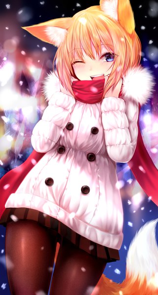 Anime picture 2000x3727 with original suke single tall image looking at viewer blush fringe highres short hair open mouth blue eyes blonde hair smile hair between eyes animal ears tail animal tail pleated skirt one eye closed wink