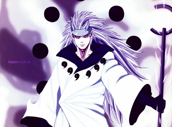 Anime picture 2075x1531 with naruto studio pierrot naruto (series) uchiha madara anvmadara single long hair highres purple eyes grey hair inscription coloring magic eyeshadow boy cloak staff