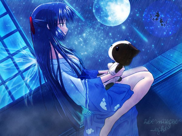 Anime picture 1024x768 with galaxy angel madhouse karasuma chitose sandra single long hair fringe open mouth sitting holding signed payot blue hair indoors traditional clothes japanese clothes profile barefoot night bare legs